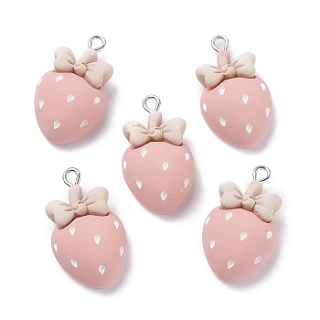 Opaque Resin Pendants, with Platinum Tone Iron Loops, Strawberry with Bowknot, Pink, 28x16.5x7mm, Hole: 2mm