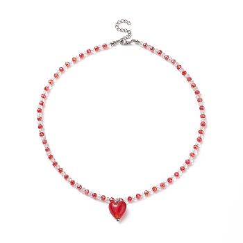 Glass Heart Pendant Necklace with Beaded Chains for Women, Red, 16.18  inch(41.1cm)