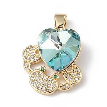 Rack Plating Brass Micro Pave Cubic Zirconia Pendants, with Glass, Long-Lasting Plated, Cadmium Free & Lead Free, Crab with Heart, Real 18K Gold Plated, Pale Turquoise, 21x18x8mm, Hole: 5x3mm