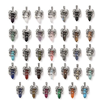 Natural & Synthetic Mixed Gemstone Pointed Pendants, Faceted Bullet Charms, with Rack Plating Platinum Tone Alloy Dragon Findings, Cadmium Free & Lead Free, Mixed Dyed and Undyed, 39~41x24~25x13~14mm, Hole: 4x8mm