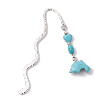 Zinc Alloy Wavy Bookmarks, Synthetic Turquoise Bead Pendant Bookmark, Dolphin, 85.5mm, Pendant: 47x19x6mm
