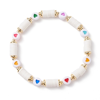 Heart Pattern Heishi Beads Stretch Bracelet for Women, Acrylic & Polymer Clay Beads Bracelet, Colorful, Inner Diameter: 2-1/4 inch(5.8cm)