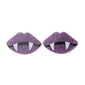 Opaque Printed Acrylic Pendants, with Glitter Powders, Lip Charm, Medium Purple, 26.5x41.5x2.2mm, Hole: 1.6mm