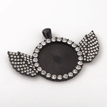 Alloy Pendant Cabochon Setting, with Crystal Rhinestone, Flat Round with Wing, Black Color, Tray: 25mm, 41x60x3mm, Hole: 3.5x5.5mm