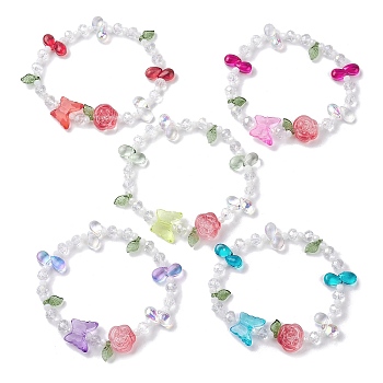 5Pcs 5 Colors Rondelle Electroplate Glass Beaded Stretch Bracelet Sets, Butterfly Acrylic & Rose Glass Stackable Bracelets for Women, Mixed Color, Inner Diameter: 2-1/4 inch(5.7cm), 1pc/color