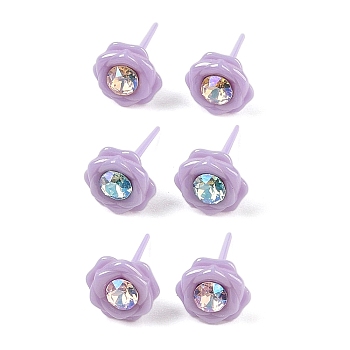 Hypoallergenic Bioceramics Zirconia Ceramic Stud Earrings, with Rhinestone, No Fading and Nickel Free, Flower, Medium Purple, 9x9mm