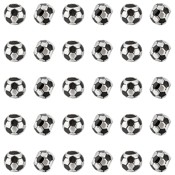 30Pcs Large Hole FootBall/Soccer Ball Alloy Enamel European Beads, Sports Beads, Antique Silver, Black, 9x8mm, Hole: 4.2mm