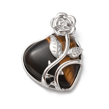 Natural Tiger Eye Pendants, Heart Charms, with Rack Plating Platinum Tone Alloy Rose, Cadmium Free & Lead Free, 41~42x37~38x11~12mm, Hole: 5.3x5.2mm