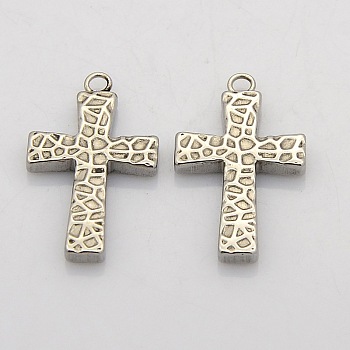 Cross 304 Stainless Steel Pendants, Stainless Steel Color, 25x12.5x2.5mm, Hole: 2mm