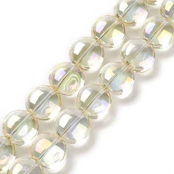 Transparent Electroplate Glass Bead Strands, Rainbow Plated, Flat Round, Champagne Yellow, 12x8mm, Hole: 1.2mm, about 50pcs/strand, 24.41''(62cm)
