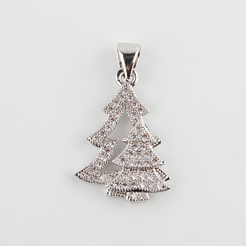 Filigree Christmas Tree Brass Micro Pave Cubic Zirconia Pendants, Platinum, 20x14.5x2mm, Hole: 4.5x3mm