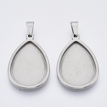 201 Stainless Steel Pendant Cabochon Settings, Plain Edge Bezel Cups, Teardrop, Stainless Steel Color, Tray: 25x18mm, 31.5x21x2.2mm, Hole: 3x6mm