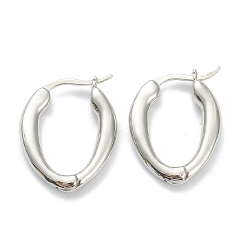 Brass Hoop Earrings, Oval, Real Platinum Plated, 21x16x3.5mm, Pin: 0.7mm