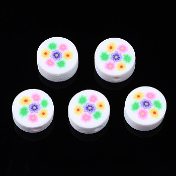Handmade Polymer Clay Beads, for DIY Jewelry Crafts Supplies, Flat Round with Flower, Colorful, 9.5~10x4.5mm, Hole: 1.8mm