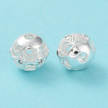 Rack Plating Brass Micro Pave Clear Cubic Zirconia Beads, Long-Lasting Plated, Cadmium Free & Lead Free, Hollow, Round with Lion Dancing, Silver, 8mm, Hole: 2mm