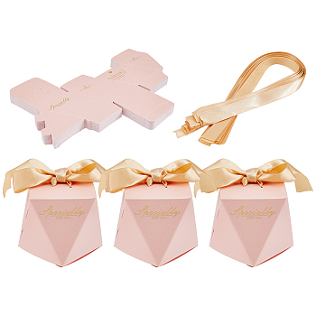 Folding Cardboard Candy Boxes, Weddign Gift Wrapping Box, with Ribbon, Polygon with Gold Stamping Word Thanks, Gold, Finish Product: 7.55x7.55x5.9cm