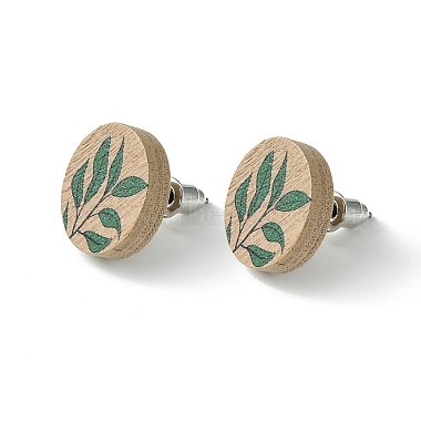 Green Flat Round Wood Stud Earrings