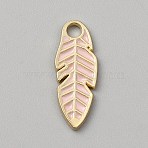 Alloy Enamel Pendants, Leaf Charm, Golden, Misty Rose, 23.5x9x1.5mm, Hole: 2.5mm(ENAM-WH0061-61C)