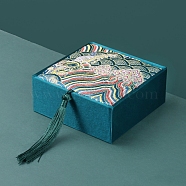 Chinese Style Wave Brocade & Satin Box, for Bracelet, Earring, Square, Teal, 10x10x4cm(PW-WG65017-03)