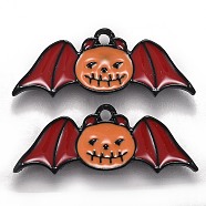 Halloween Theme Alloy Enamel Pendants, Orange Pumpkin Bat with Devil Horns & Red Wings, Electrophoresis Black, 10x26.5x1.5mm, Hole: 1.6mm(X-ENAM-J649-05B-01)