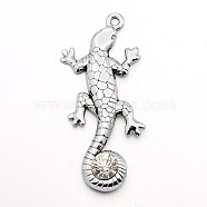 Alloy Grade A Rhinestone Big Pendants, Gecko/Lizard, Antique Silver, 53x23x3mm, Hole: 2mm(X-PALLOY-P092-02)
