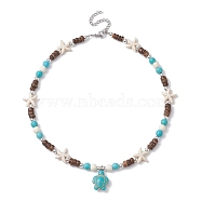 Synthetic Turquoise Tortoise Pendant Necklaces, with Starfish & Natural Coconut Beaded Chains, Turquoise, 15.35 inch(39cm)(NJEW-JN04573-02)