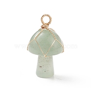 Natural Green Aventurine Pendants, Mushroom Charm, with Light Gold Tone Eco-Friendly Copper Wire Wrapped, 27.5x16mm, Hole: 3mm(PALLOY-TA00005-02)