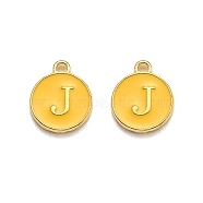 Golden Plated Alloy Enamel Charms, Enamelled Sequins, Flat Round with Alphabet, Letter.J, Yellow, 14x12x2mm, Hole: 1.5mm(X-ENAM-Q437-13J)