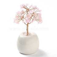 Natural Rose Quartz Chips Tree of Life Decorations, Round Porcelain Base with Copper Wire Feng Shui Energy Stone Gift for Home Office Desktop Decoration, 57x113~129mm(DJEW-C016-02L)