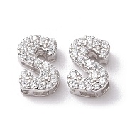 925 Sterling Silver Micro Pave Cubic Zirconia Beads, Real Platinum Plated, Letter S, 9x6x3.5mm, Hole : 2.5x1.5mm(STER-Z005-15P-S)