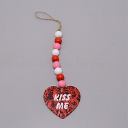 Valentine's Day Theme Schima Wood Beads & Hemp Rope Pendants Decorations, with Heart & Word KISS ME, Red, 295mm(HJEW-TAC0012-15)