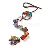 Chakra Hanging Ornament, Reiki Tumbled Gemstone Window Ornament, with Nylon Cord and Brass Findings, Cube & Flat Round with Life of Tree, Rose Gold, 415mm(AJEW-I059-03RG)