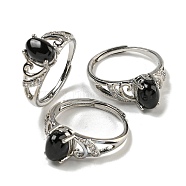 Oval Natural Black Agate Adjustable Rings, Brass Clear Cubic Zirconia Ring for Women, Long-Lasting Plated, Lead Free & Cadmium Free, Platinum, Inner Diameter: 18mm(RJEW-Q818-01P-06B)