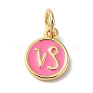 Real 18K Gold Plated Brass Enamel Charms, with Jump Ring, Long-Lasting Plated, Lead Free & Cadmium Free, Flat Round with Capricorn Charms, Pearl Pink, 10x8x1mm, Hole: 4mm(KK-L216-001G-G04)