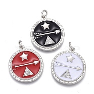 Brass Micro Pave Cubic Zirconia Pendants, with Enamel and Jump Rings, Long-Lasting Plated, Flat Round with Star & Arrow & Triangle, Real Platinum Plated, Mixed Color, 22x20x3mm, Jump Rings: 5x1mm, Inner Diameter: 3mm(ZIRC-M108-22-P)