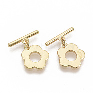 Brass Toggle Clasps, with Jump Rings, Nickel Free, Flower, Real 18K Gold Plated, Flower: 14.5x13x1.5mm, Hole: 1.2mm, Bar: 16x2mm, Hole: 1.2mm, Jump Ring: 5x0.8mm.(KK-T051-23G-NF)