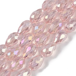 Transparent Electroplate Glass Beads Strands, AB Color Plated, Faceted, Teardrop, Pink, 11.5x8mm, Hole: 1.2mm, about 55~57pcs/strand, 25.59''(65cm)(EGLA-N013-T8mm-B18)