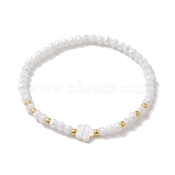 Flower Natural Shell & Glass Beaded Stretch Bracelet, White, Inner Diameter: 2-1/8 inch(5.5cm)(BJEW-JB10184-02)