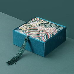 Chinese Style Wave Brocade & Satin Box, for Bracelet, Earring, Square, Teal, 10x10x4cm(PW-WG65017-03)