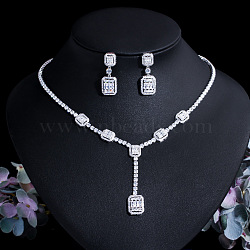 Rectangle Brass Micro Pave Clear Cubic Zirconia Pendant Necklaces & Stud Dangle Earrings Sets, Platinum, 420mm(FS-WG06681-01)