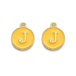 Golden Plated Alloy Enamel Charms, Enamelled Sequins, Flat Round with Alphabet, Letter.J, Yellow, 14x12x2mm, Hole: 1.5mm(X-ENAM-Q437-13J)