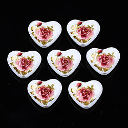 Flower Printed Opaque Acrylic Heart Beads, White, 16x19x8mm, Hole: 2mm(SACR-S305-28-F03)