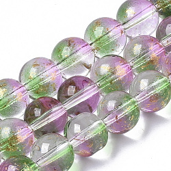 Transparent Spray Painted Glass Bead Strands, with Golden Foil, Round, Medium Sea Green, 8~9mm, Hole: 1.2~1.5mm, about 46~56pcs/Strand, 14.37 inch~16.3 inch(36.5~41.4cm)(GLAA-N035-03C-B01)