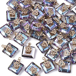 Electroplate Glass Charms, with Light Gold Plated Brass Ice Pick Pinch Bails, Rectangle, Medium Orchid, 14x10x5.5mm, Hole: 1mm(EGLA-N005-002B)