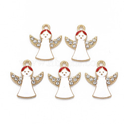 Alloy Enamel Pendants, with Crystal Rhinestone, Light Gold, Cadmium Free & Nickel Free & Lead Free, Angel, White, 21.5x18x3mm, Hole: 2mm(ENAM-N055-020B-NR)