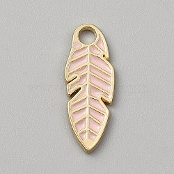 Alloy Enamel Pendants, Leaf Charm, Golden, Misty Rose, 23.5x9x1.5mm, Hole: 2.5mm(ENAM-WH0061-61C)
