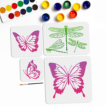 US 1 Set PET Hollow Out Drawing Painting Stencils, with 1Pc Art Paint Brushes, for DIY Scrapbook, Photo Album, Butterfly, 150~300x150~300mm, 4pcs/set