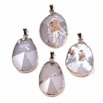 Edge Golden Plated Natural White Agate Pendants, with Golden Tone Brass Pinch Bail, Faceted, Teardrop, 42~44x25~30x9~12mm, Hole: 7x4mm