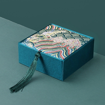 Chinese Style Wave Brocade & Satin Box, for Bracelet, Earring, Square, Teal, 10x10x4cm
