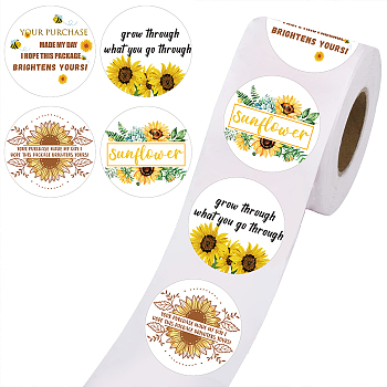 Thank You Sticker, Coated Paper Adhesive Stickers, Flat Round with Word, Sunflower Pattern, 4x4cm, 500pcs/roll